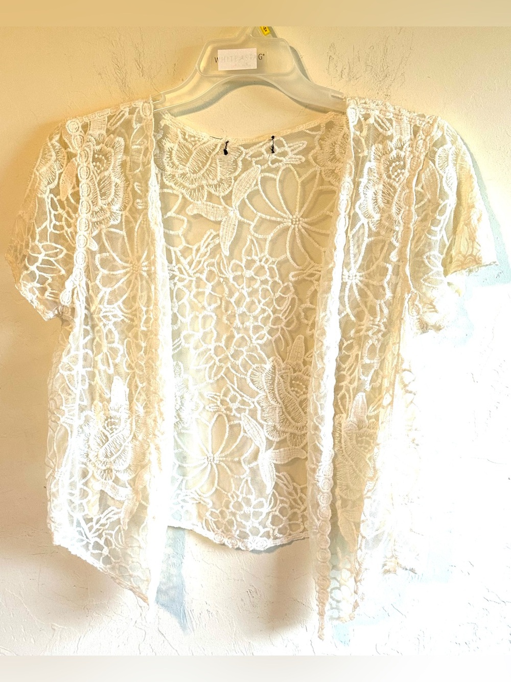 Ivory Floral Lace Short-Sleeve Sheer Open Front Cover Up Cardigan Top Sz M